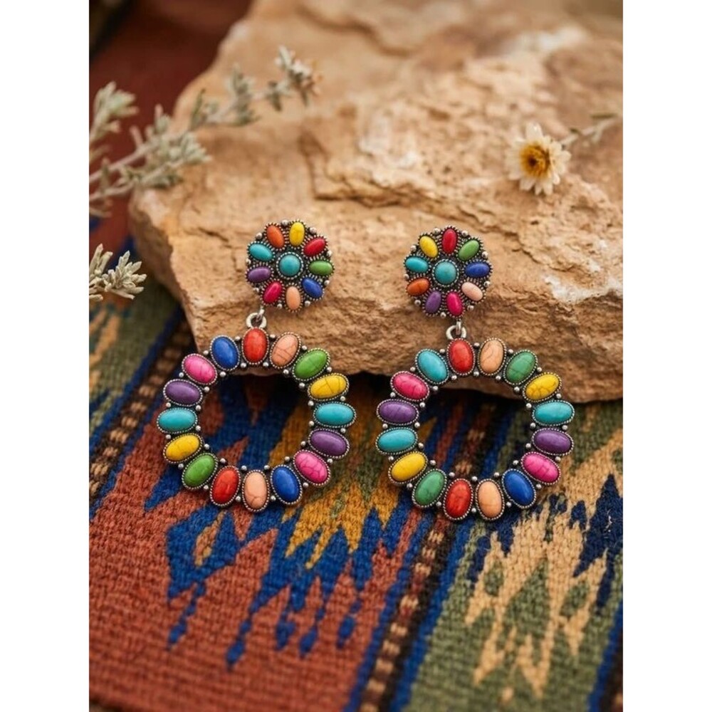 Southwestern Faux Turquoise Navajo Inspired Silver Toned Post & Wreath Earrings